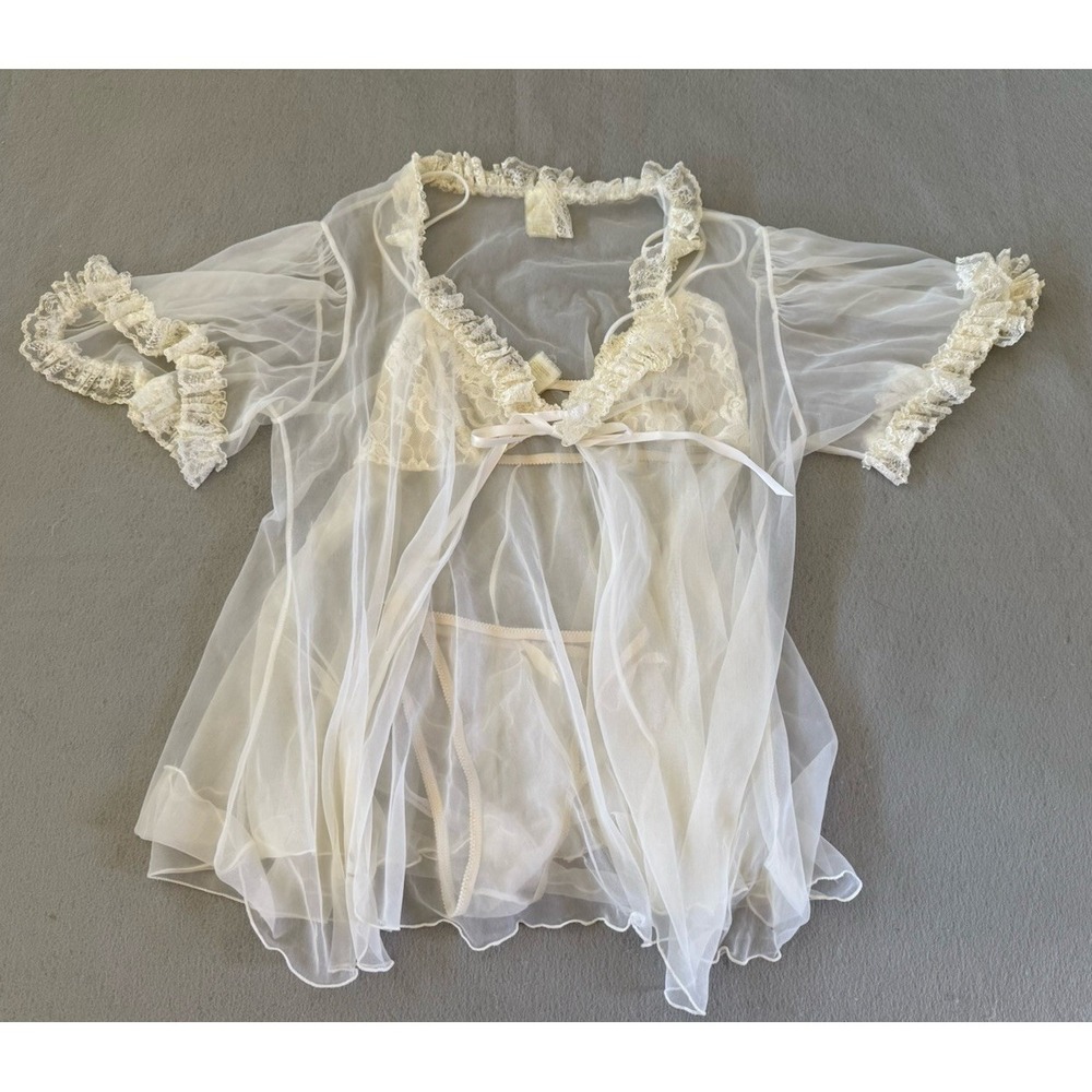 Mayela Vintage Sheer Nylon Babydoll Robe Set Ivory Lace Ruffle Boudoir Lingerie